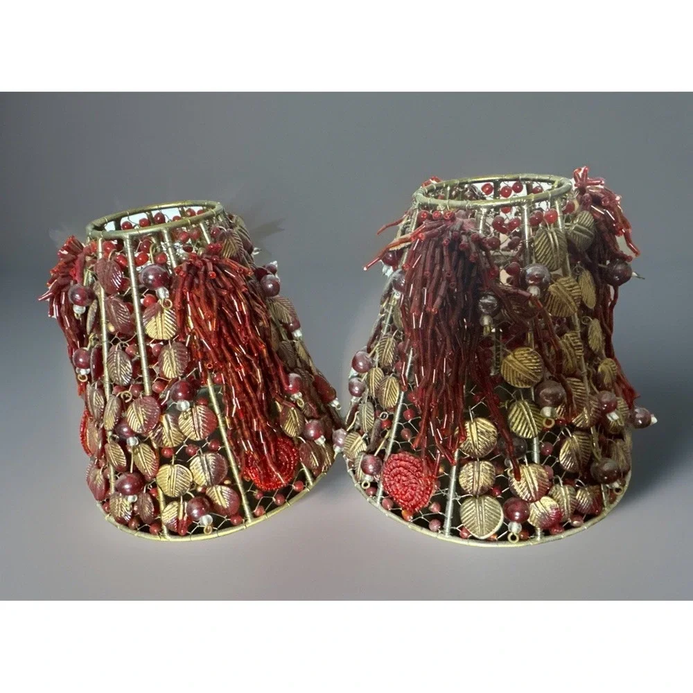 2- Iridescent Red Glass Beaded Wire Wrapped Lamp Shades 4.75
